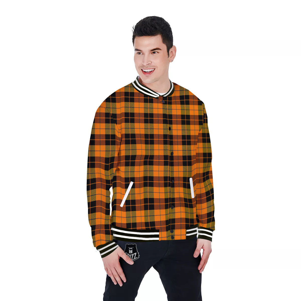 Black Orange And Yellow Tartan Print Pattern Baseball Jacket-grizzshop