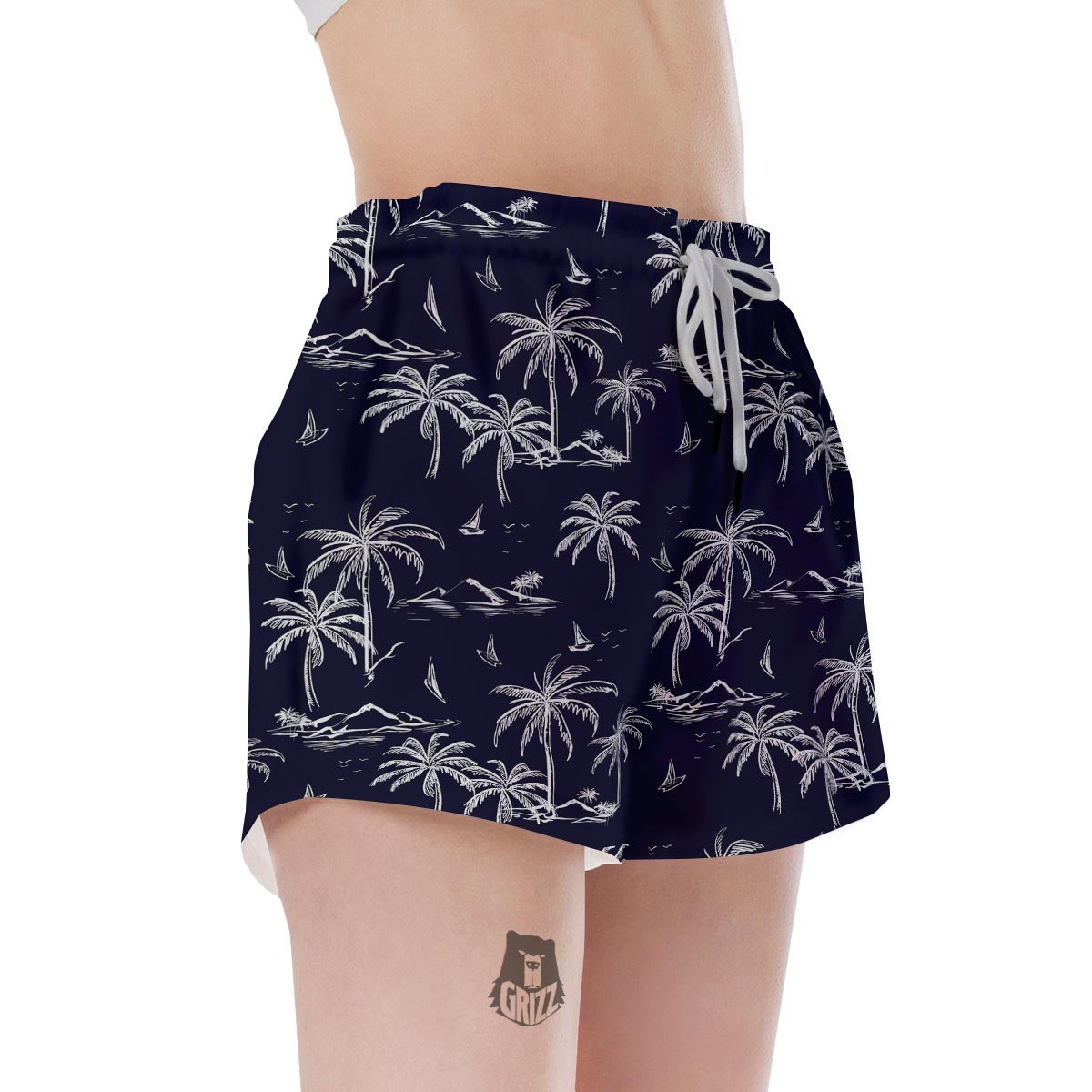 Black Palm Tree Hawaiian Print Women's Shorts-grizzshop