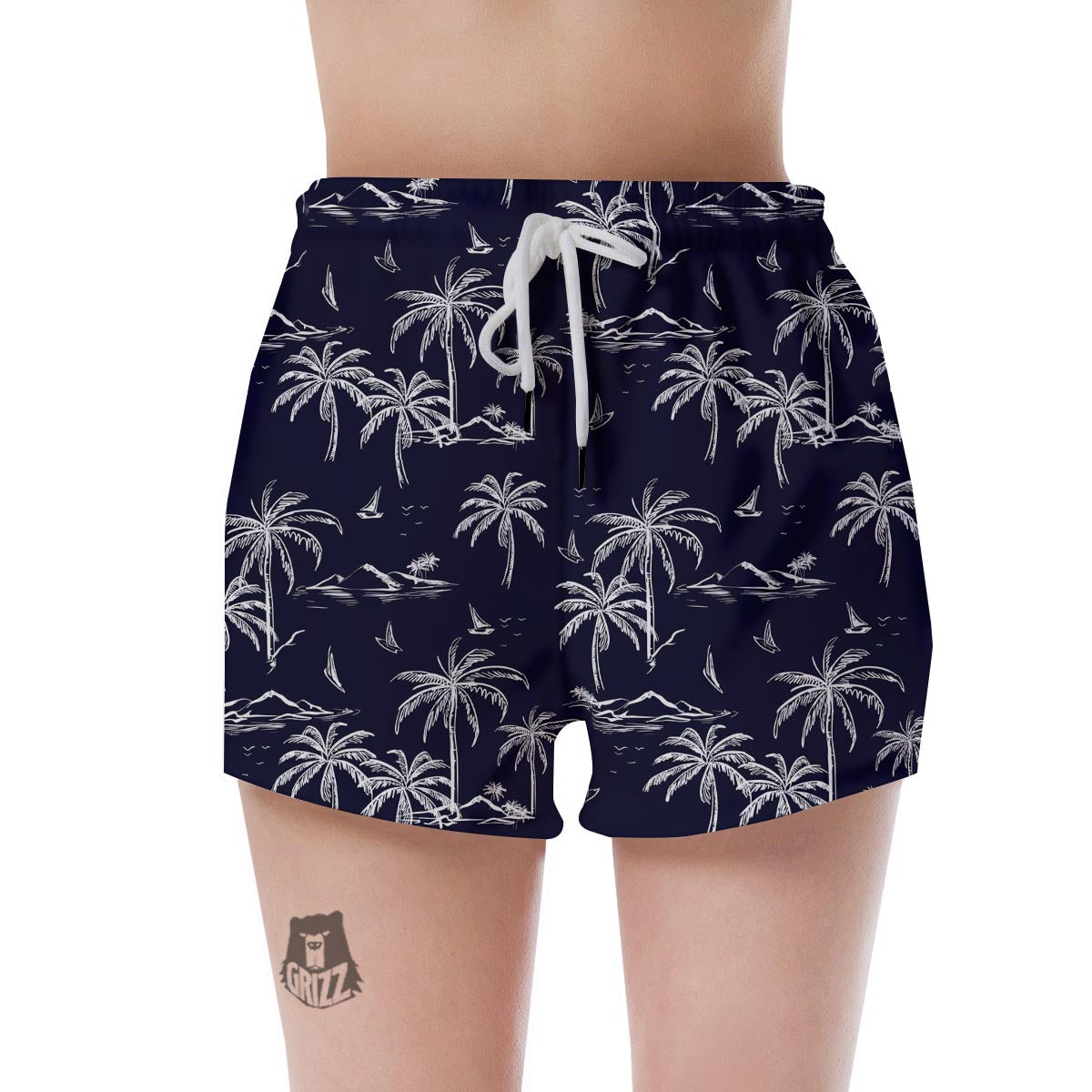 Black Palm Tree Hawaiian Print Women's Shorts-grizzshop