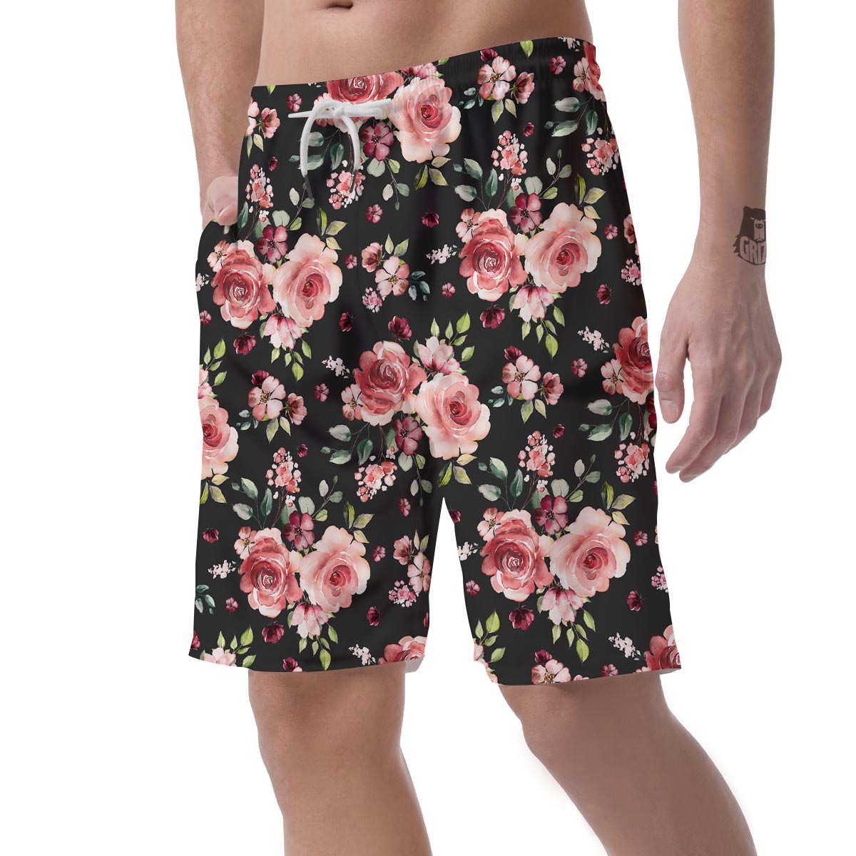 Black Pink Rose Flower Print Men's Shorts-grizzshop