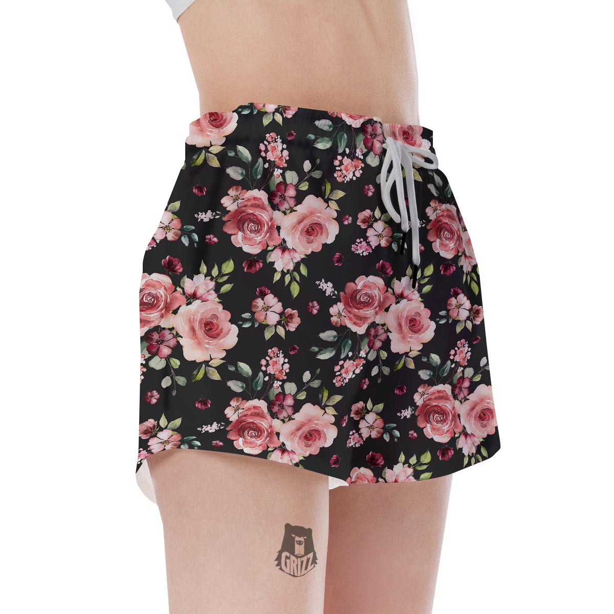 Black Pink Rose Flower Print Women's Shorts-grizzshop