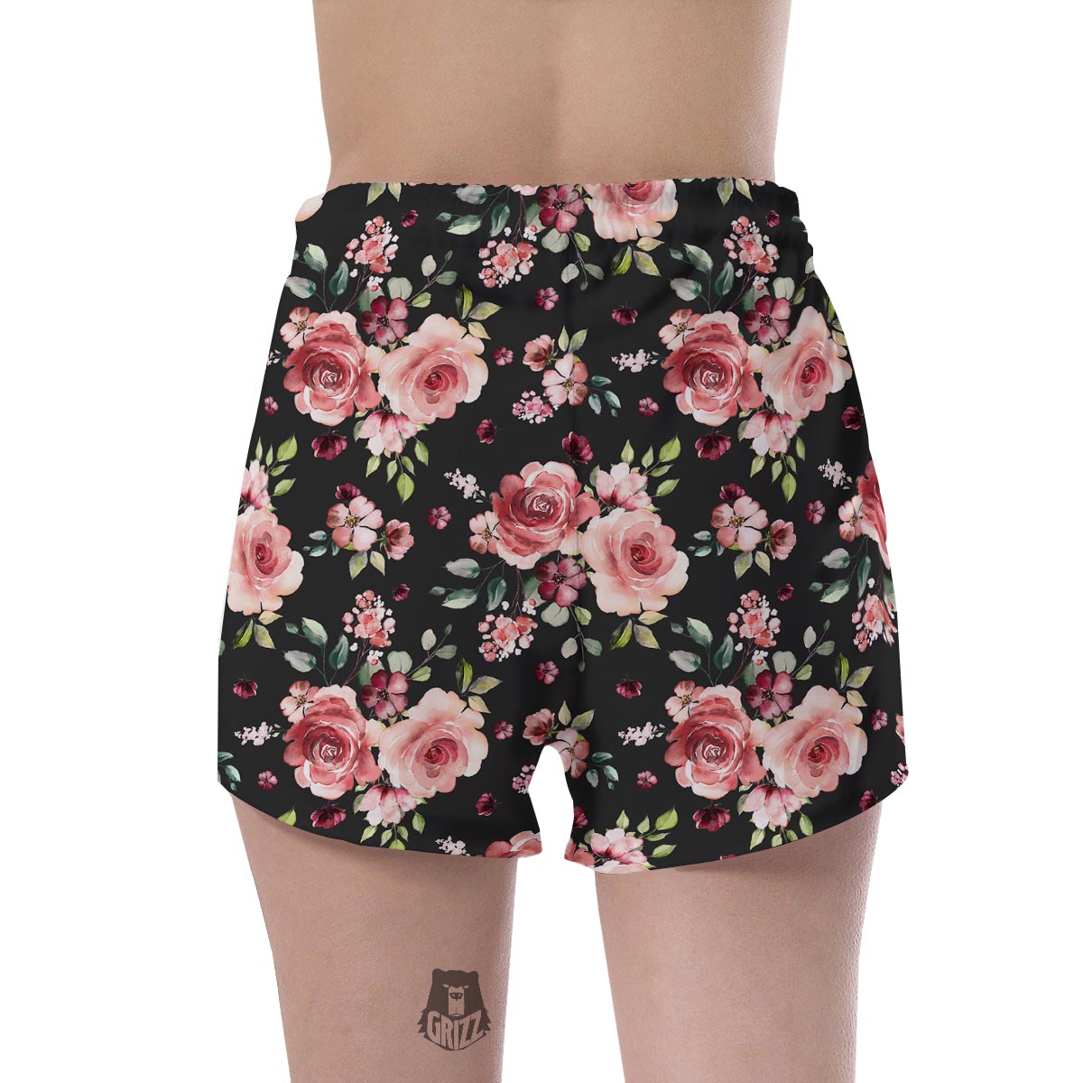 Black Pink Rose Flower Print Women's Shorts-grizzshop