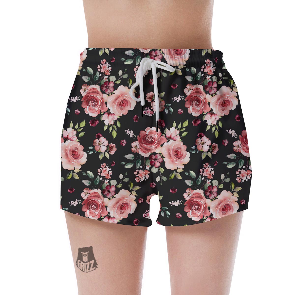 Black Pink Rose Flower Print Women's Shorts-grizzshop