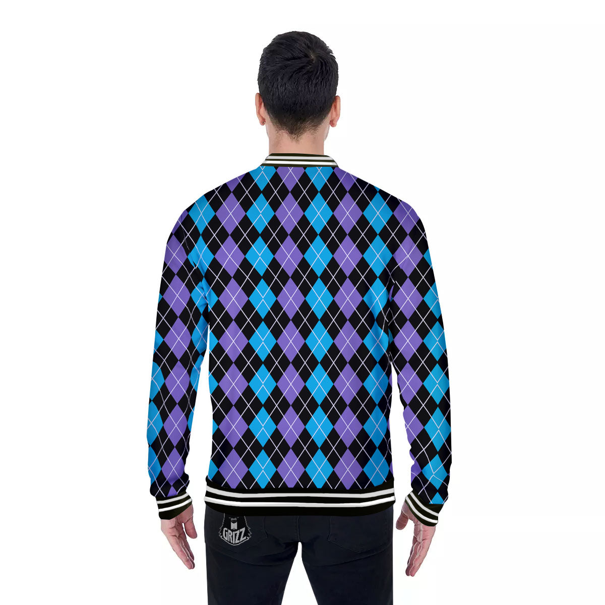 Black Purple And Blue Argyle Print Pattern Baseball Jacket-grizzshop