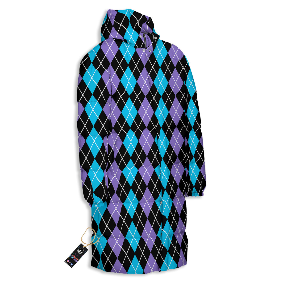 Black Purple And Blue Argyle Print Pattern Long Down Jacket-grizzshop