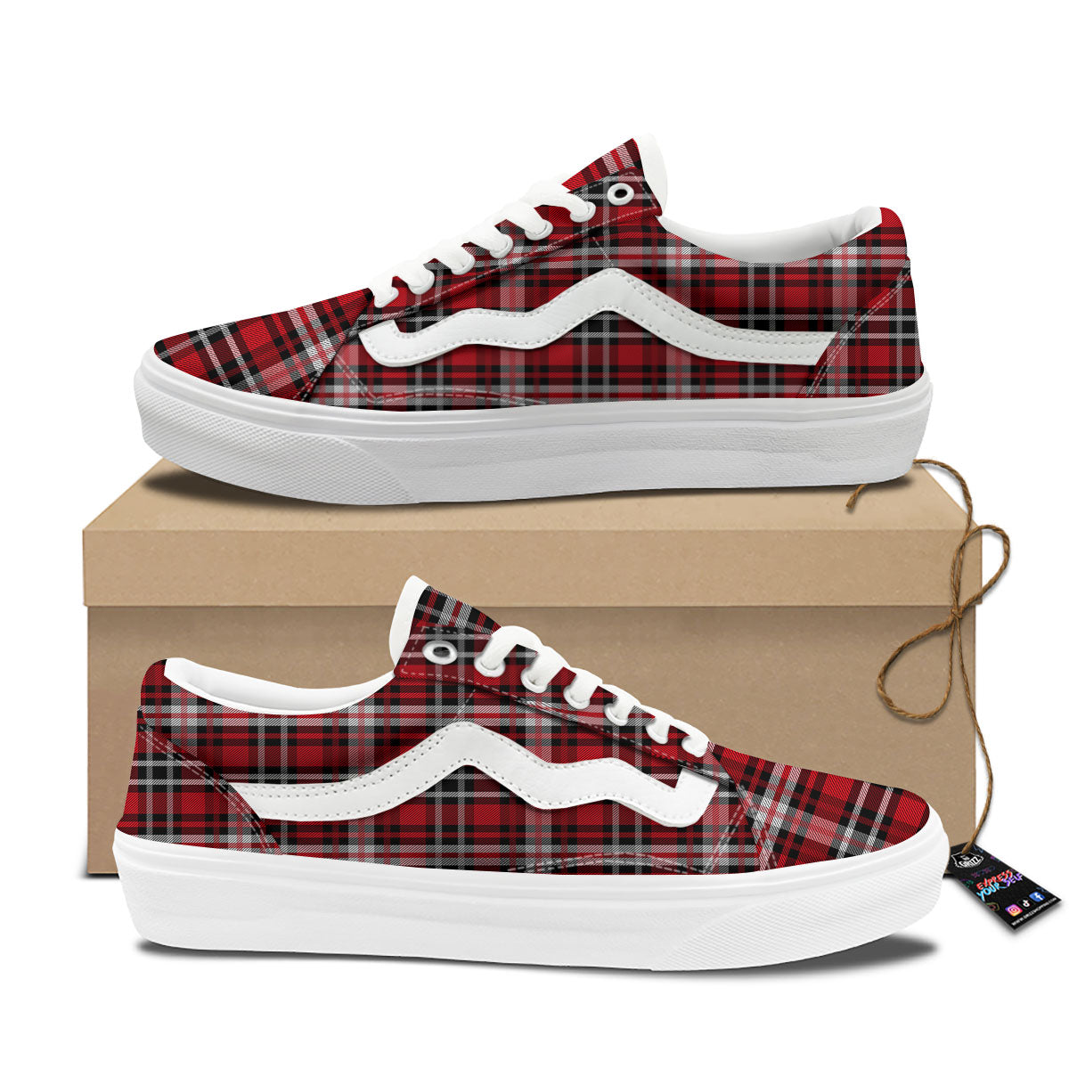 Black Red And White Tartan Print Pattern Skate Shoes-grizzshop