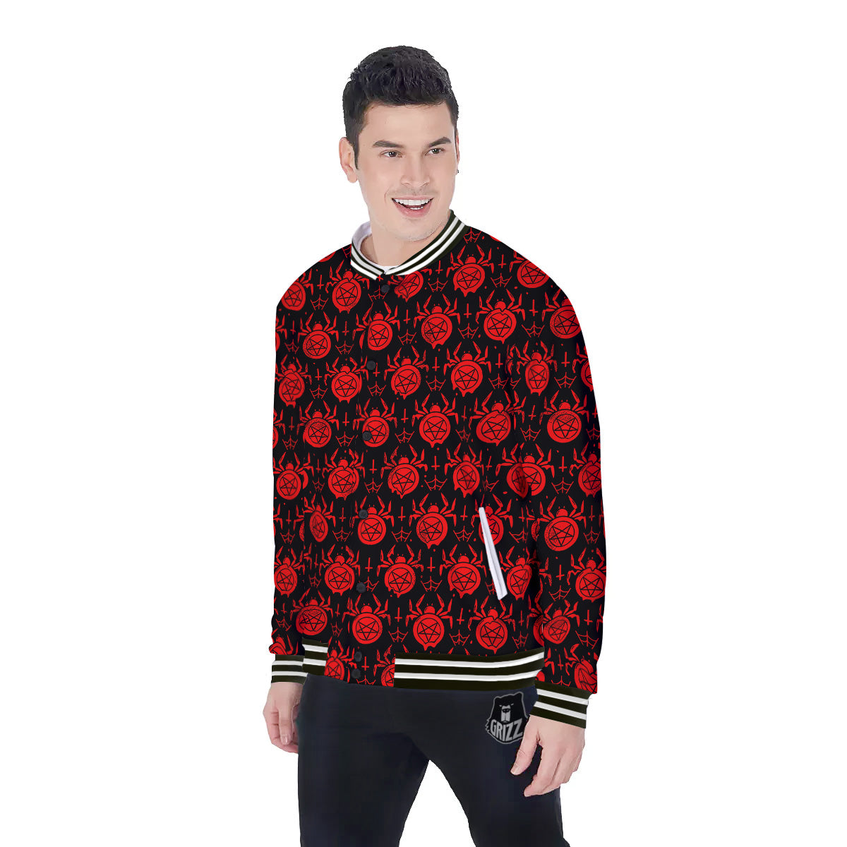 Black Red Spider Pentagram Print Pattern Baseball Jacket-grizzshop