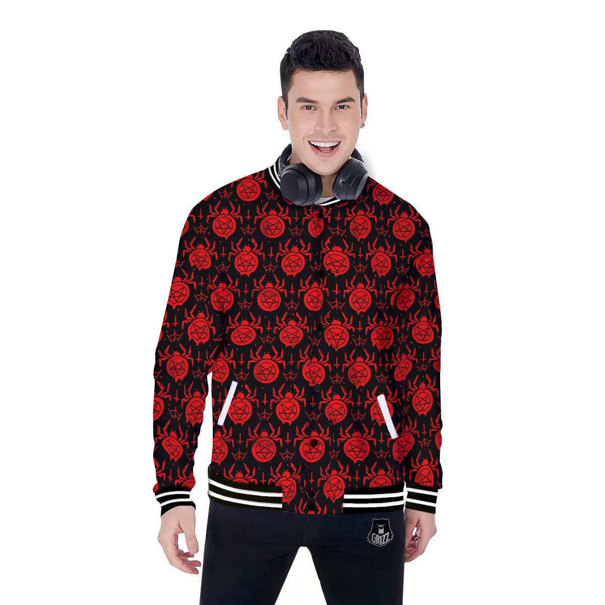 Black Red Spider Pentagram Print Pattern Baseball Jacket-grizzshop