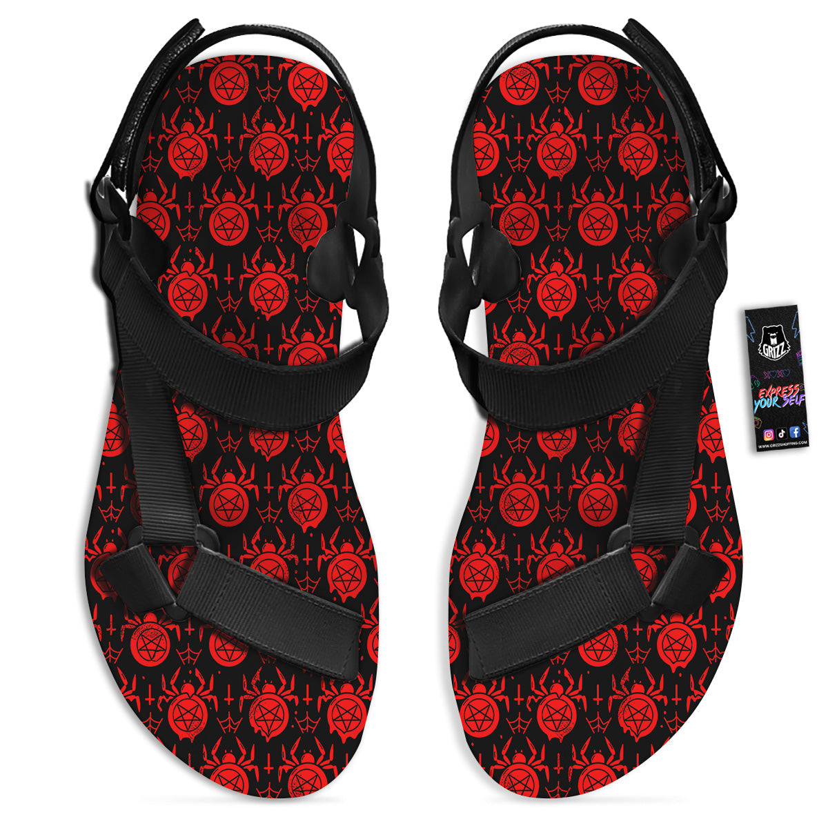 Black Red Spider Pentagram Print Pattern Black Open Toe Sandals-grizzshop