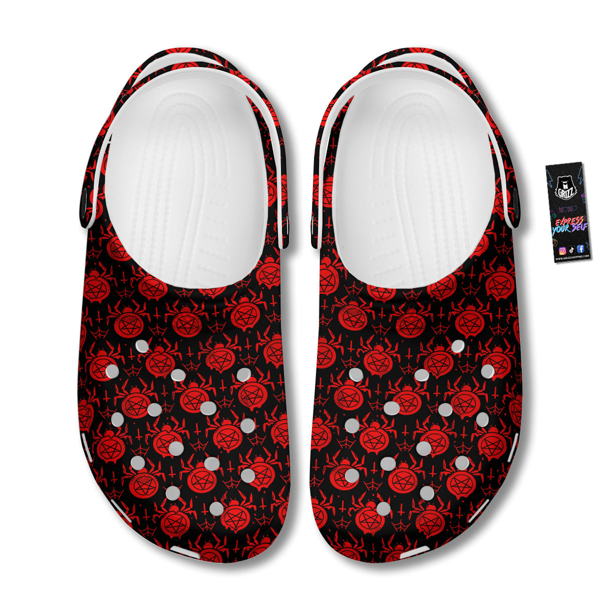 Black Red Spider Pentagram Print Pattern Clog-grizzshop