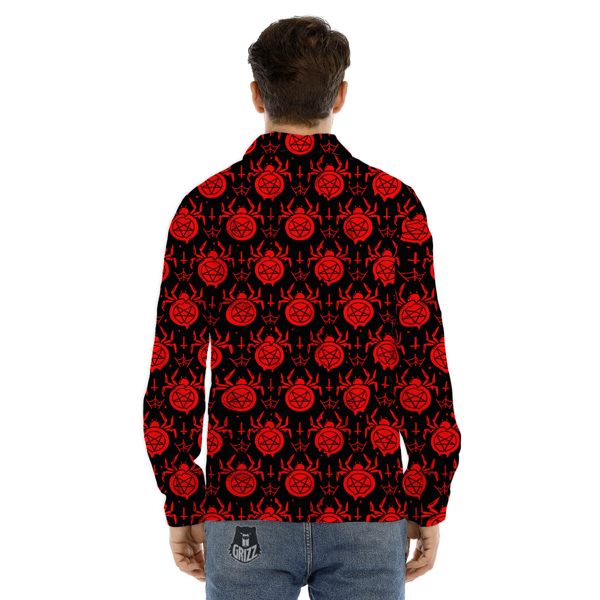 Black Red Spider Pentagram Print Pattern Men's Dress Shirts-grizzshop