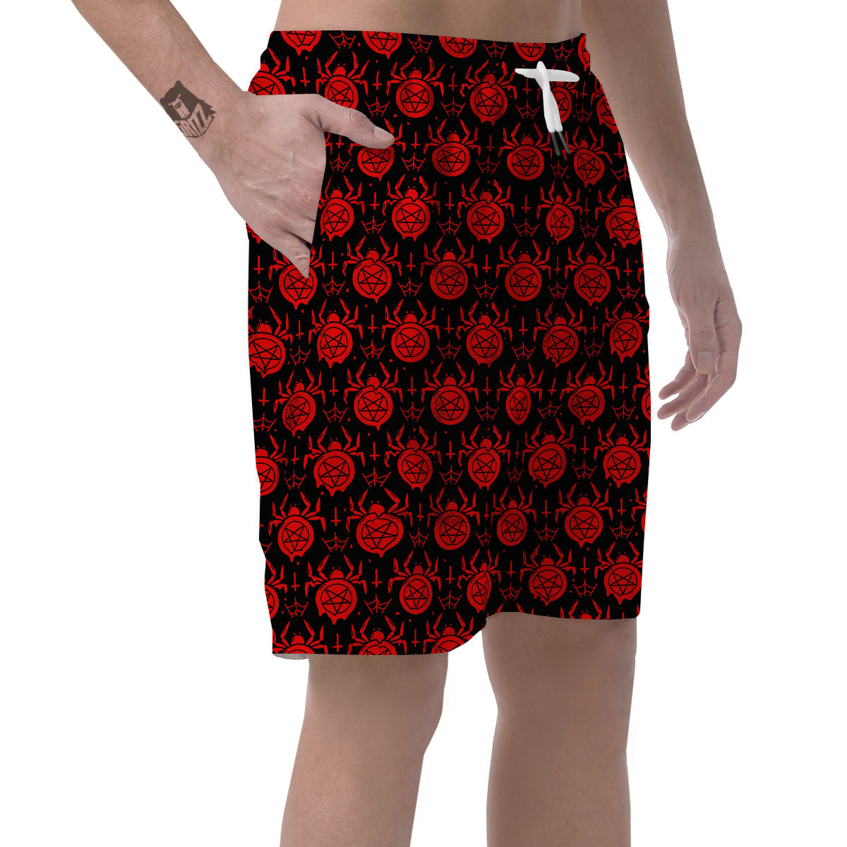 Black Red Spider Pentagram Print Pattern Men's Shorts-grizzshop