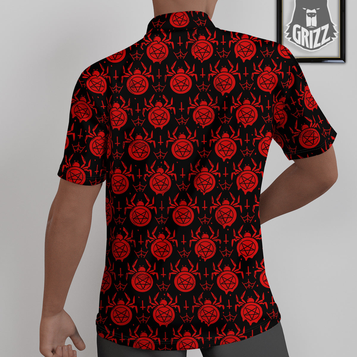 Black Red Spider Pentagram Print Pattern Untucked Shirts-grizzshop