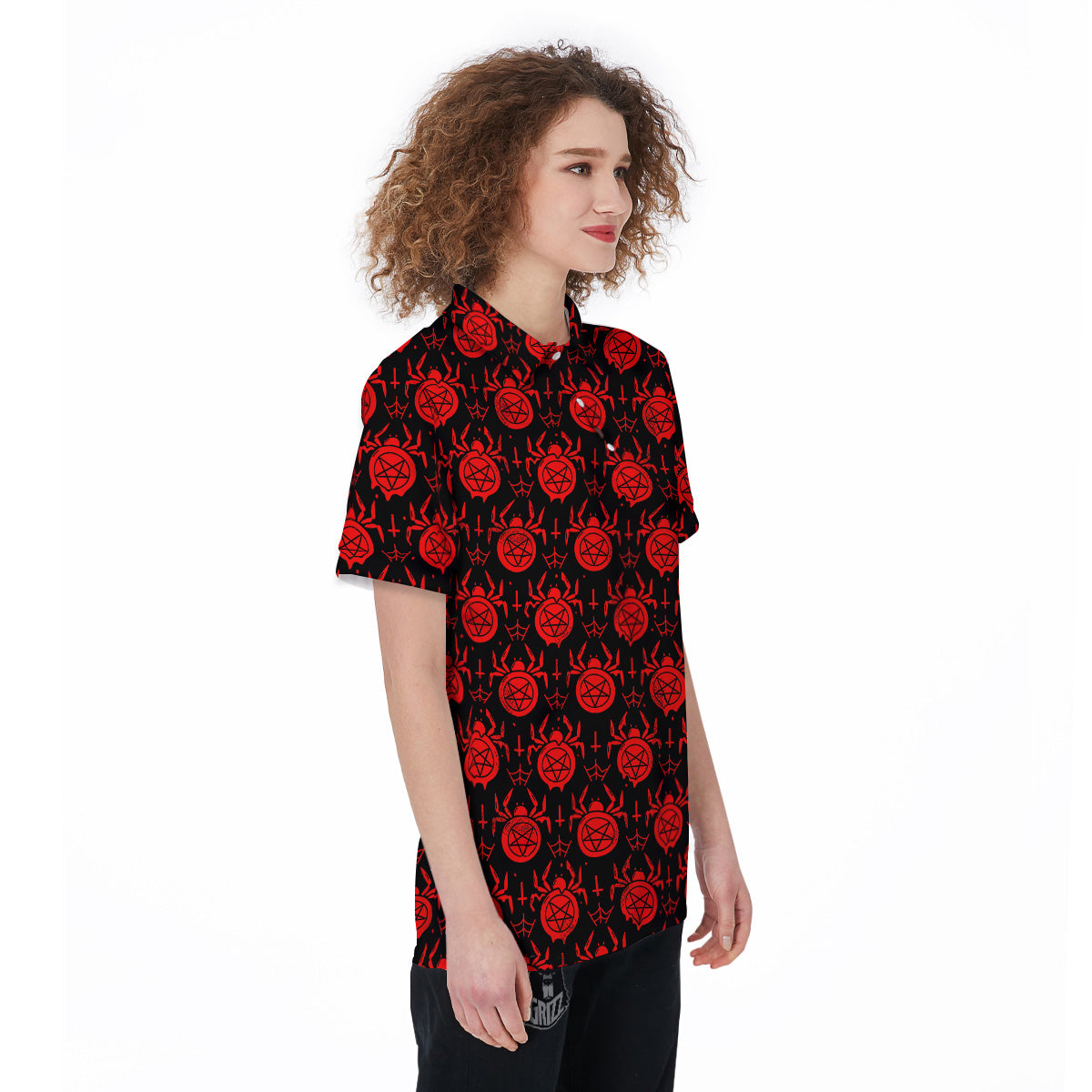 Black Red Spider Pentagram Print Pattern Women's Golf Shirts-grizzshop