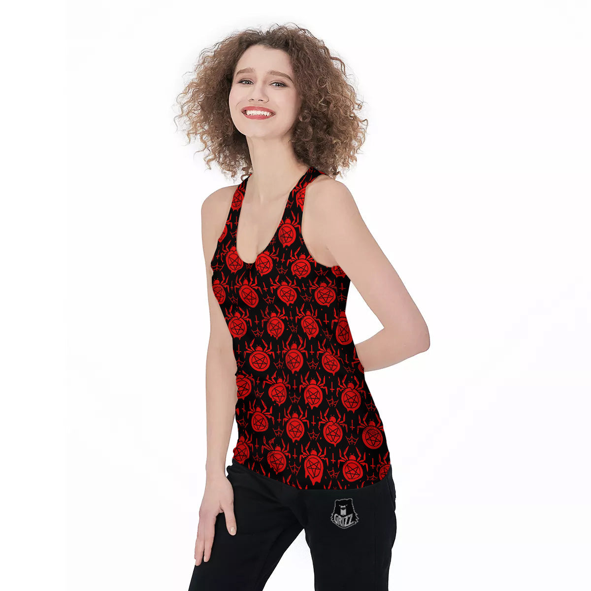 Black Red Spider Pentagram Print Pattern Women's Racerback Tank Top-grizzshop