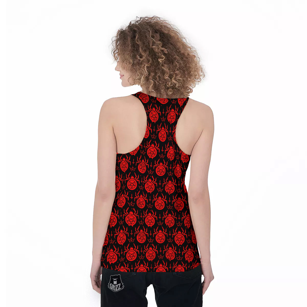 Black Red Spider Pentagram Print Pattern Women's Racerback Tank Top-grizzshop