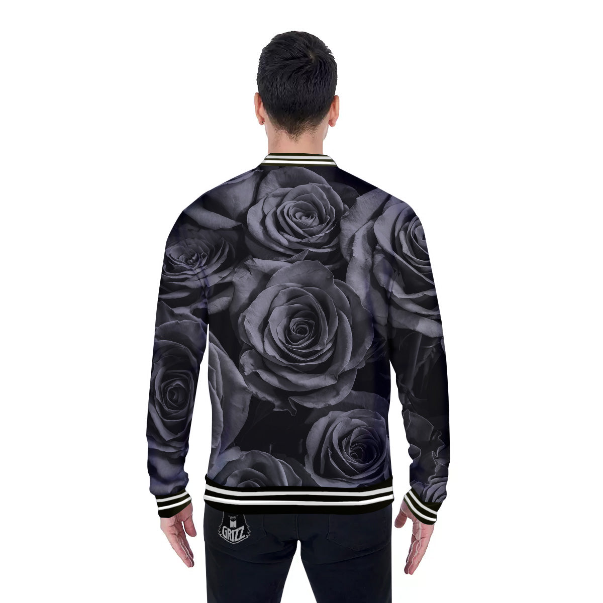 Black Rose Print Baseball Jacket-grizzshop
