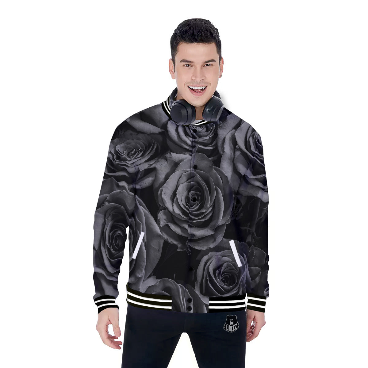 Black Rose Print Baseball Jacket-grizzshop