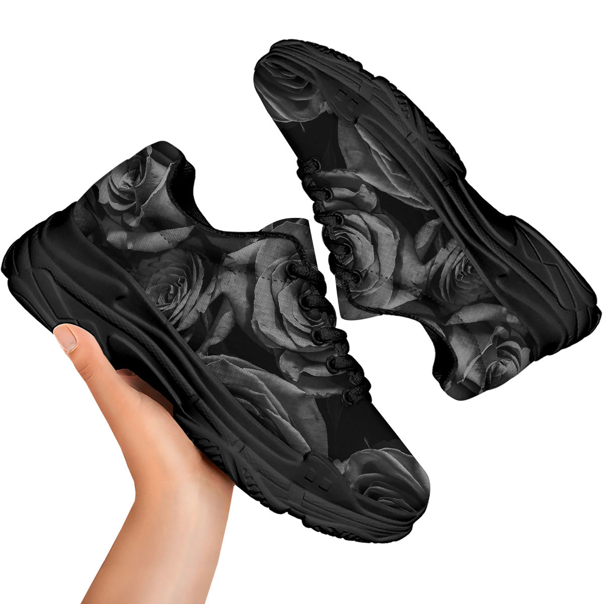 Black Rose Print Black Chunky Shoes-grizzshop