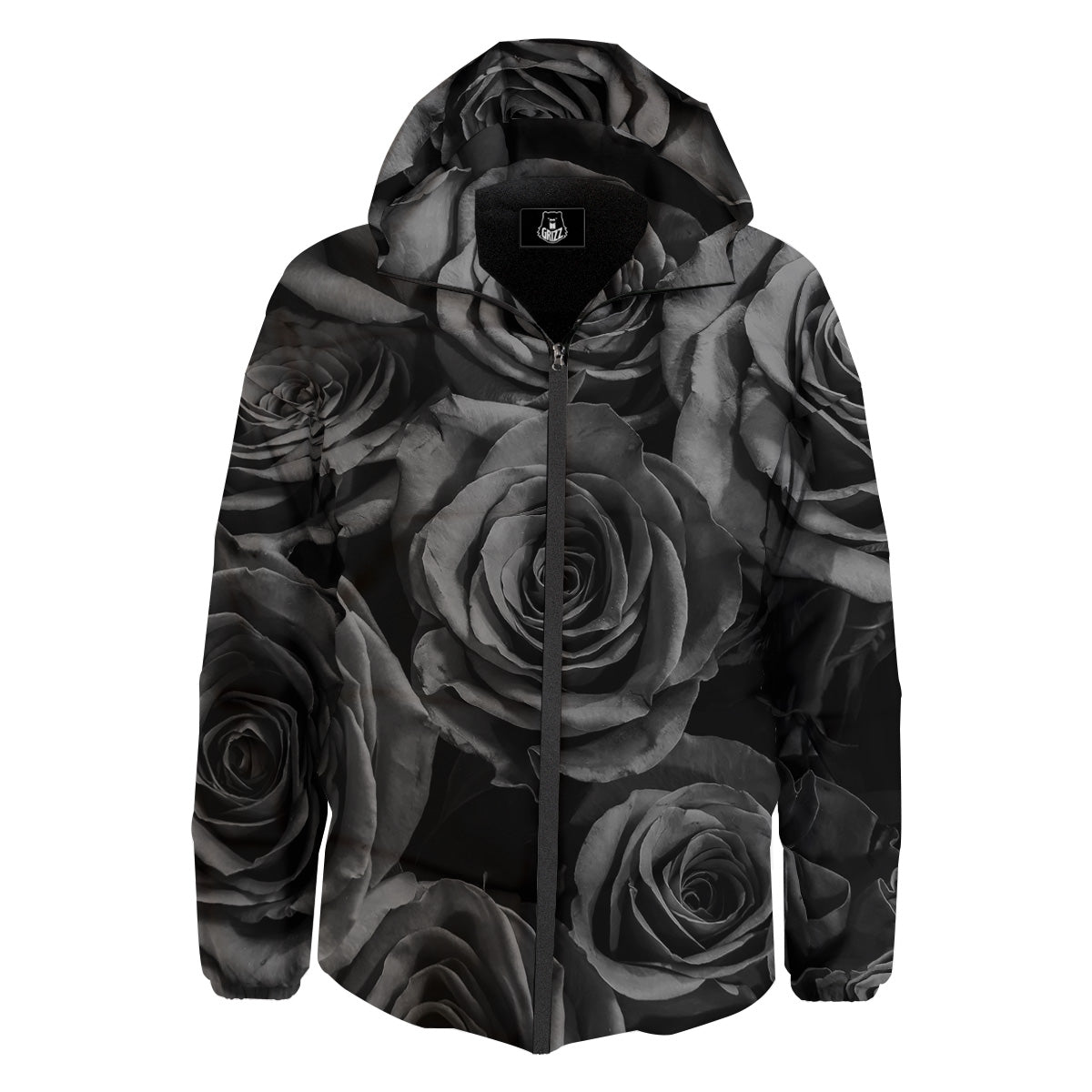 Black Rose Print Down Jacket-grizzshop
