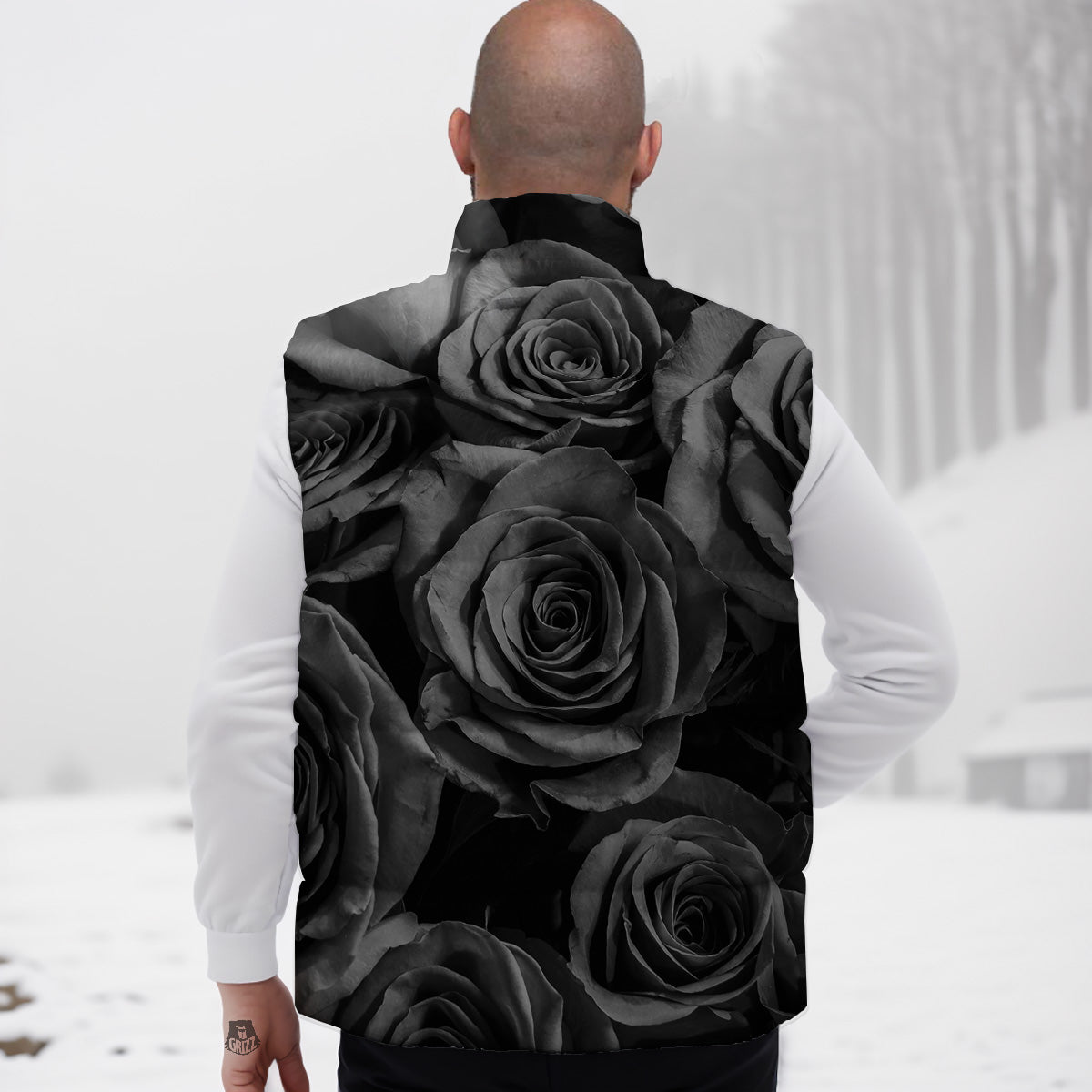 Black Rose Print Down Vest-grizzshop