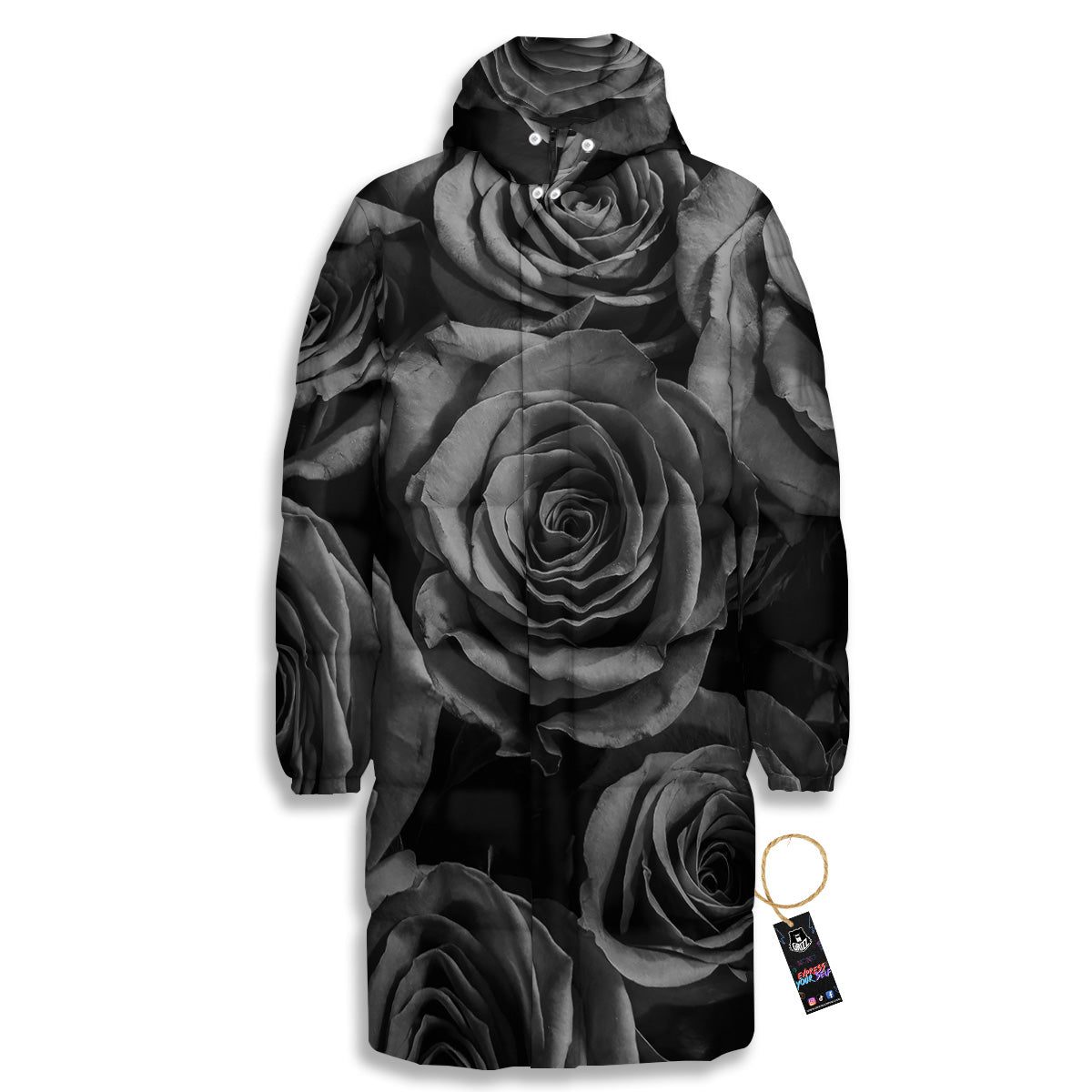 Black Rose Print Long Down Jacket-grizzshop