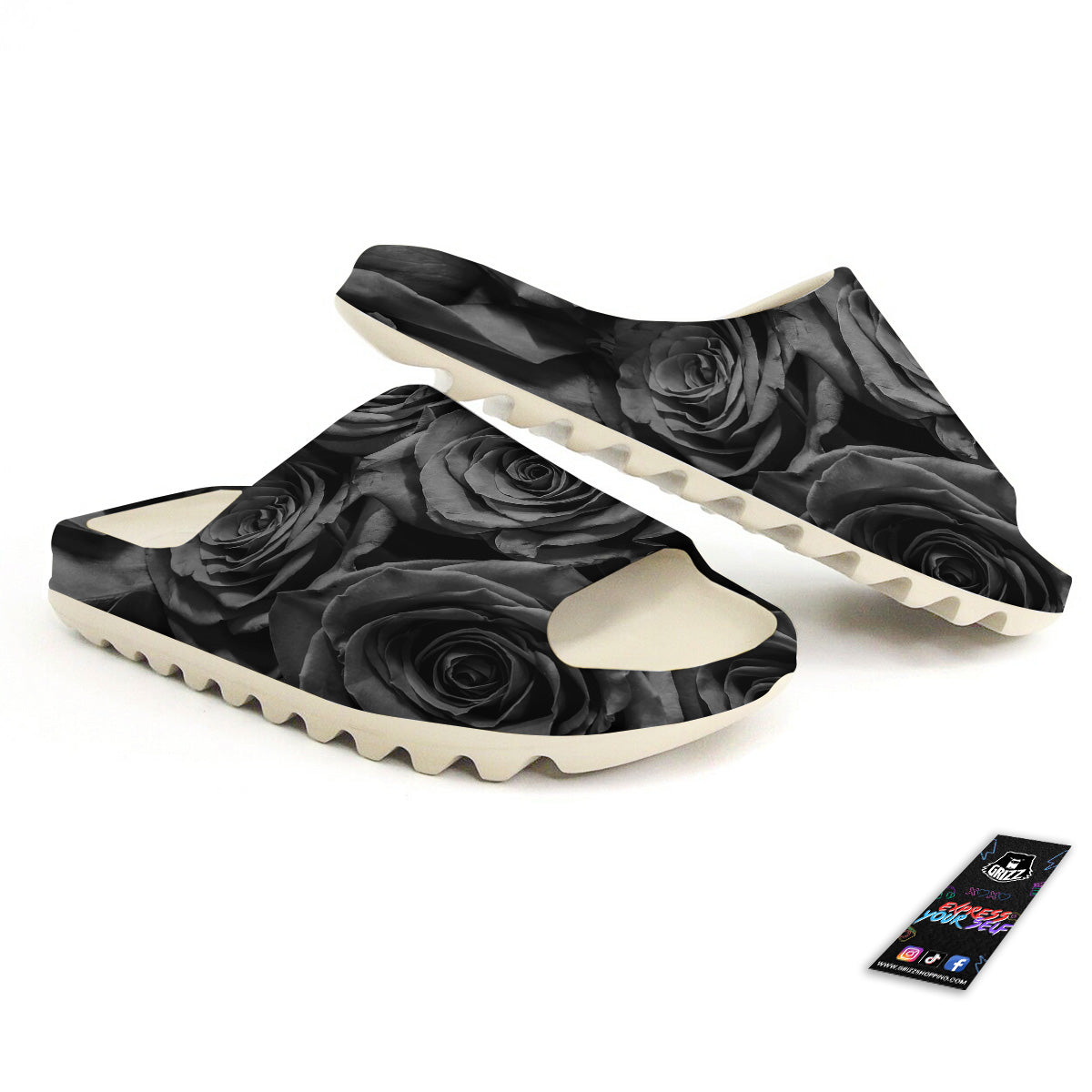 Black Rose Print Sandals-grizzshop