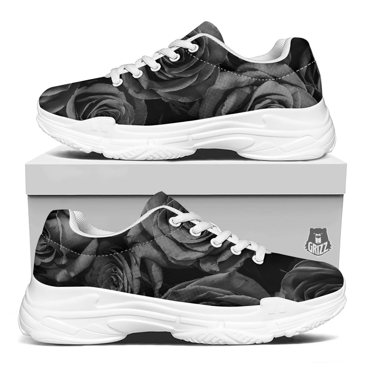 Black Rose Print White Chunky Shoes-grizzshop