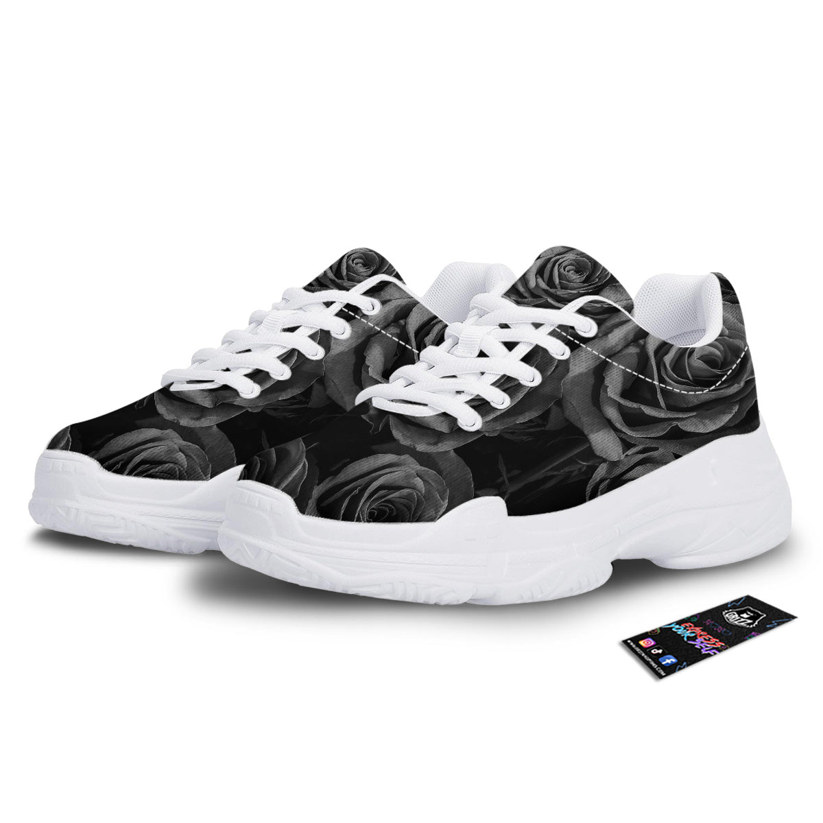 Black Rose Print White Chunky Shoes-grizzshop
