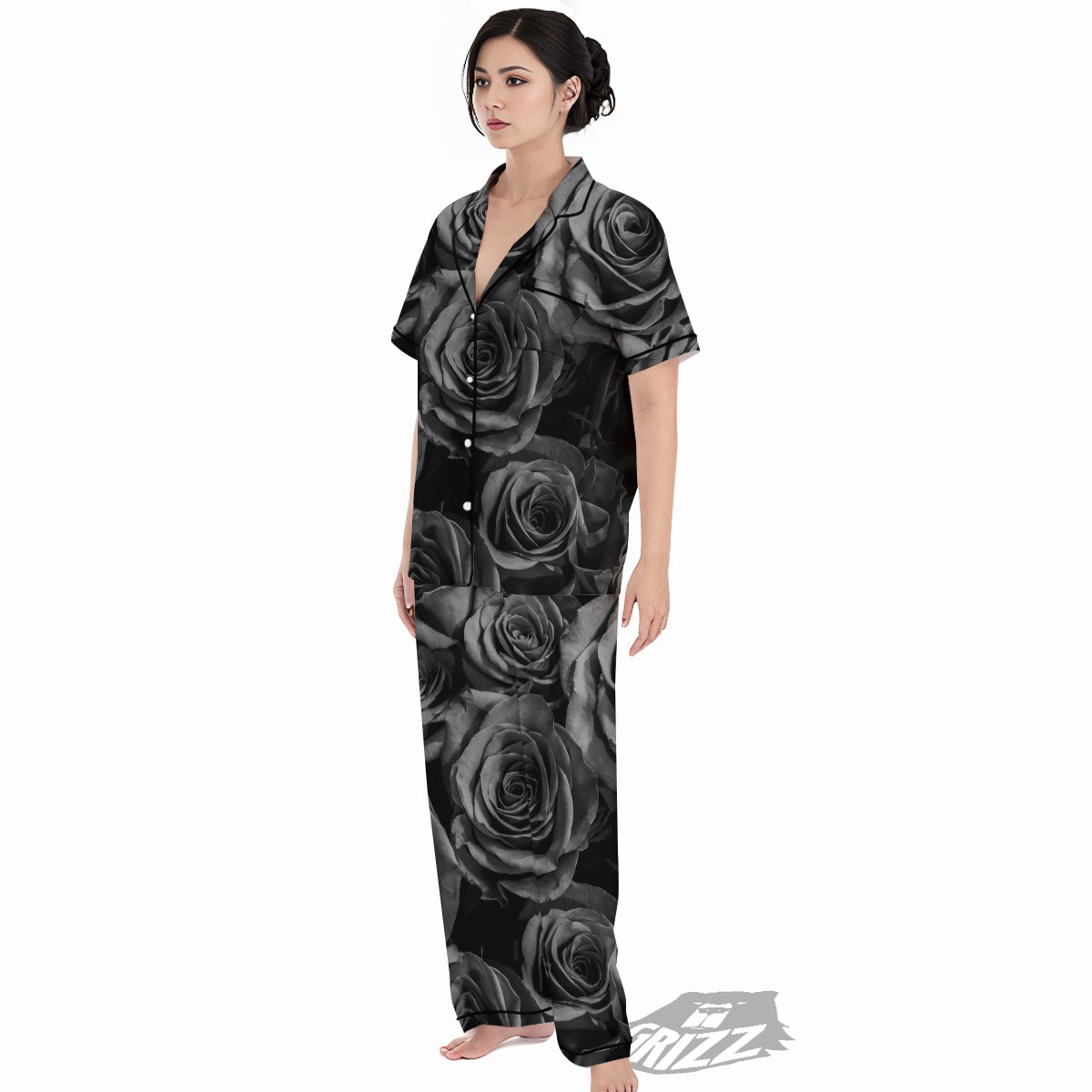Black Rose Print Women's Pajamas Set-grizzshop