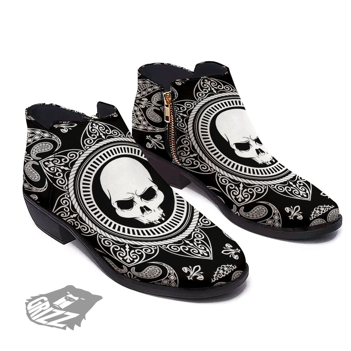Black Skull Bandana Print Ankle Boots-grizzshop