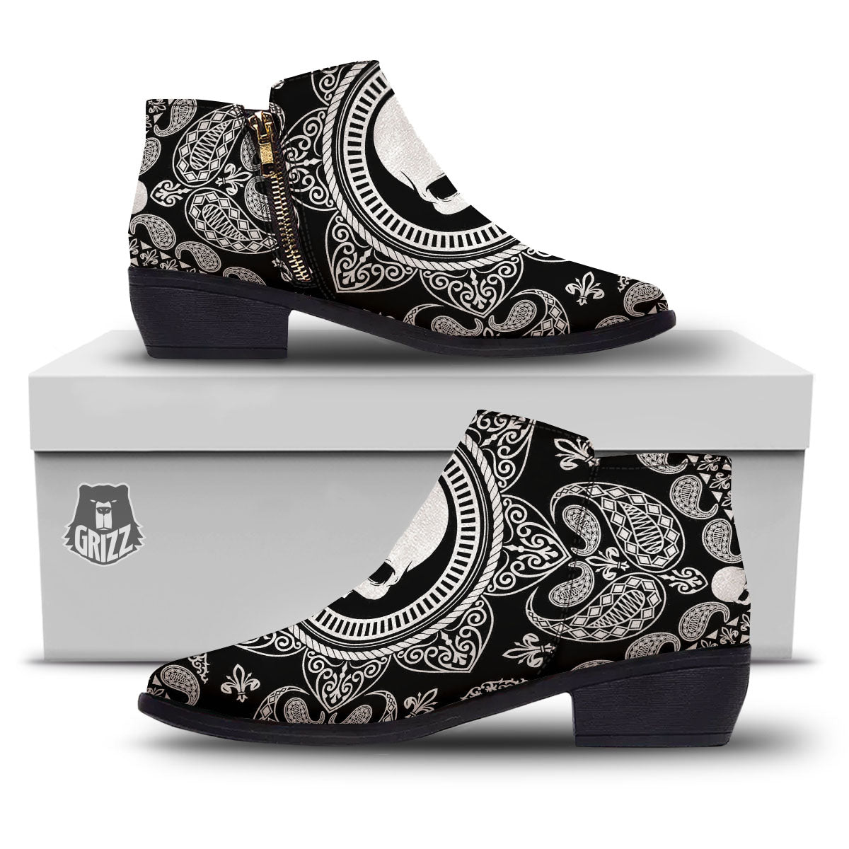Black Skull Bandana Print Ankle Boots-grizzshop