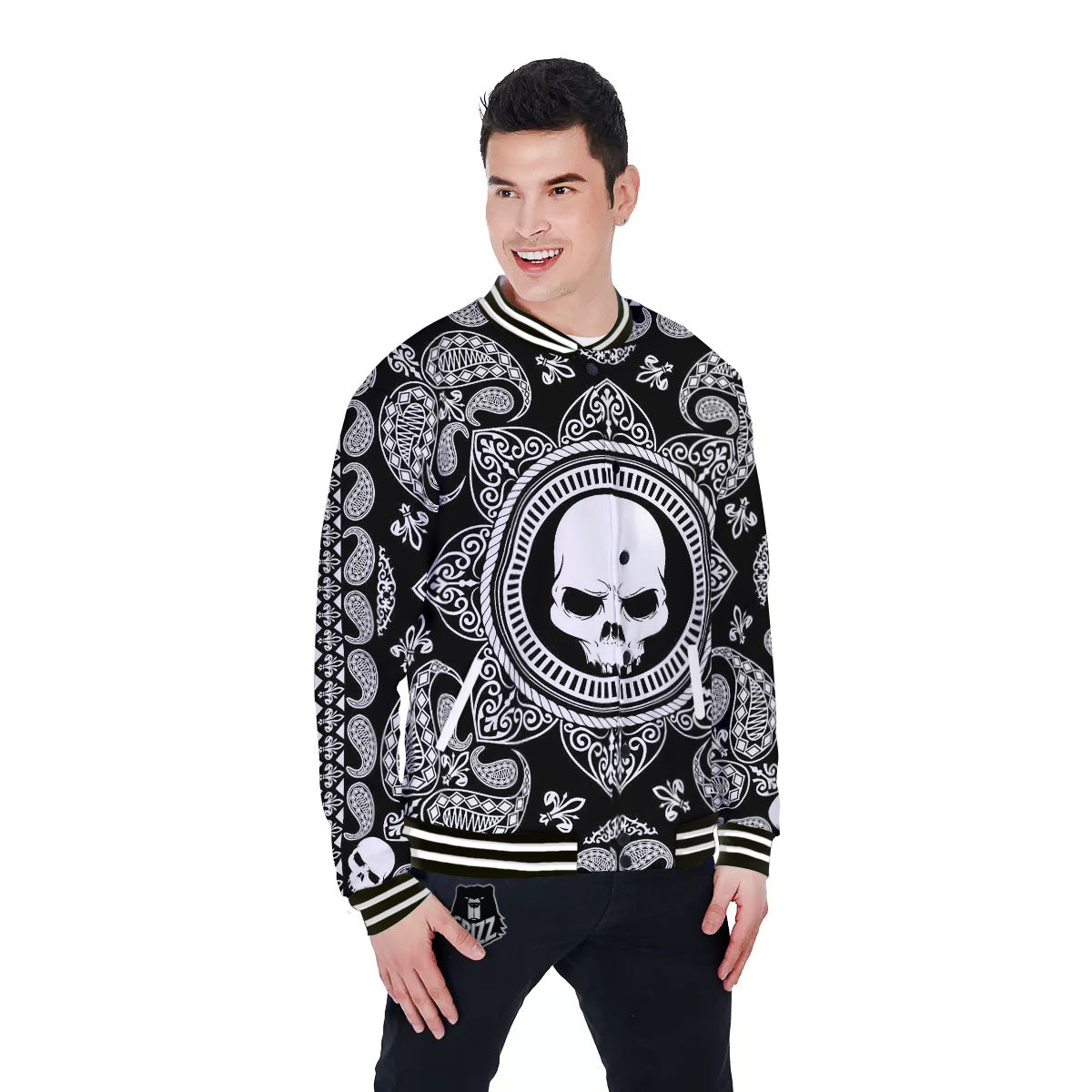 Black Skull Bandana Print Baseball Jacket-grizzshop