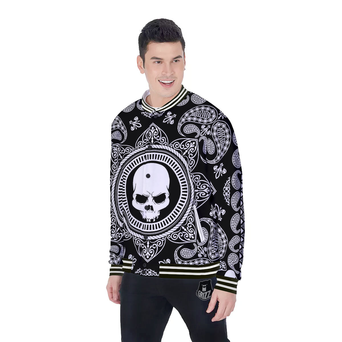 Black Skull Bandana Print Baseball Jacket-grizzshop