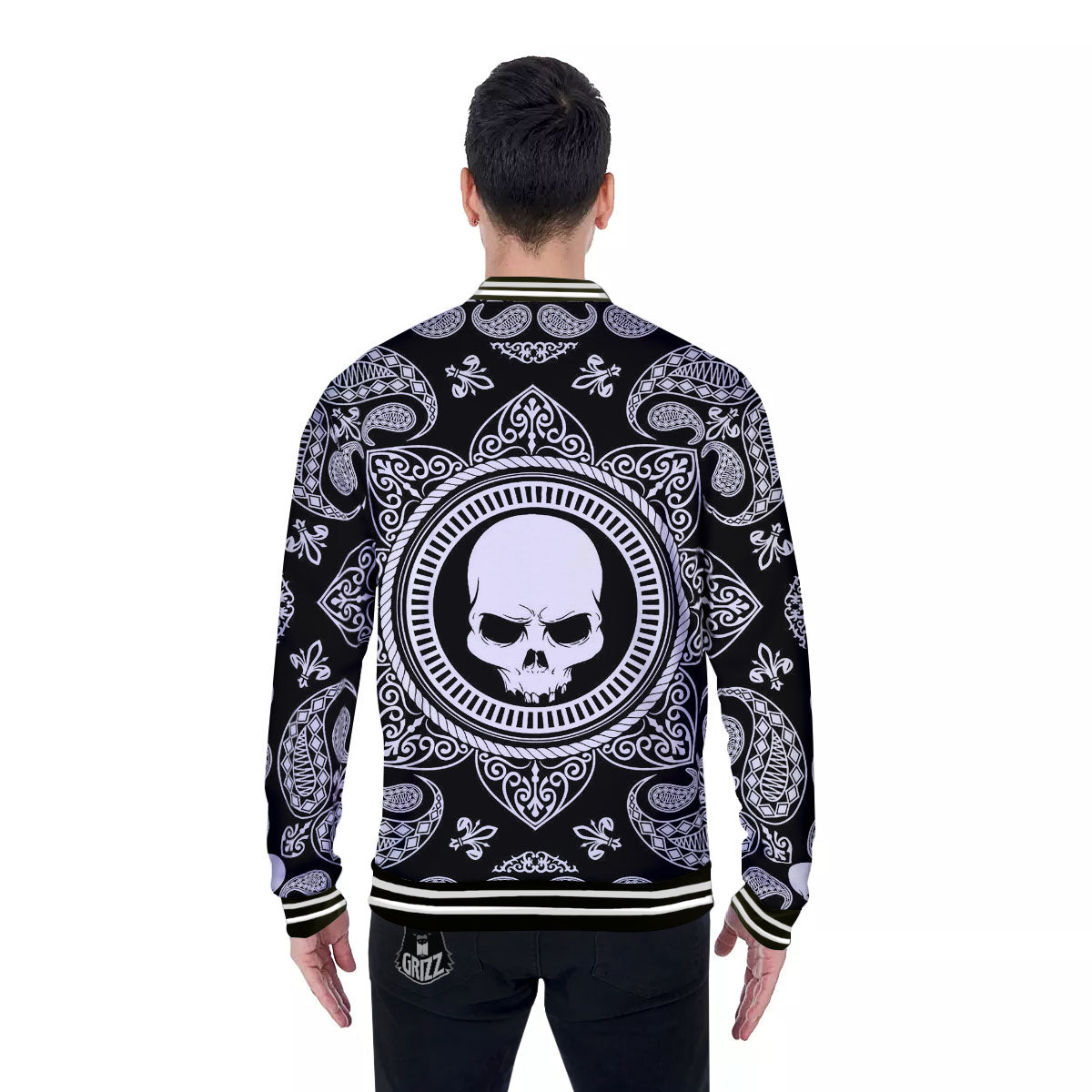 Black Skull Bandana Print Baseball Jacket-grizzshop