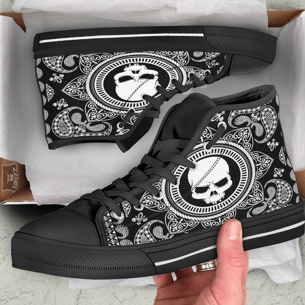Black Skull Bandana Print Black High Top Shoes-grizzshop