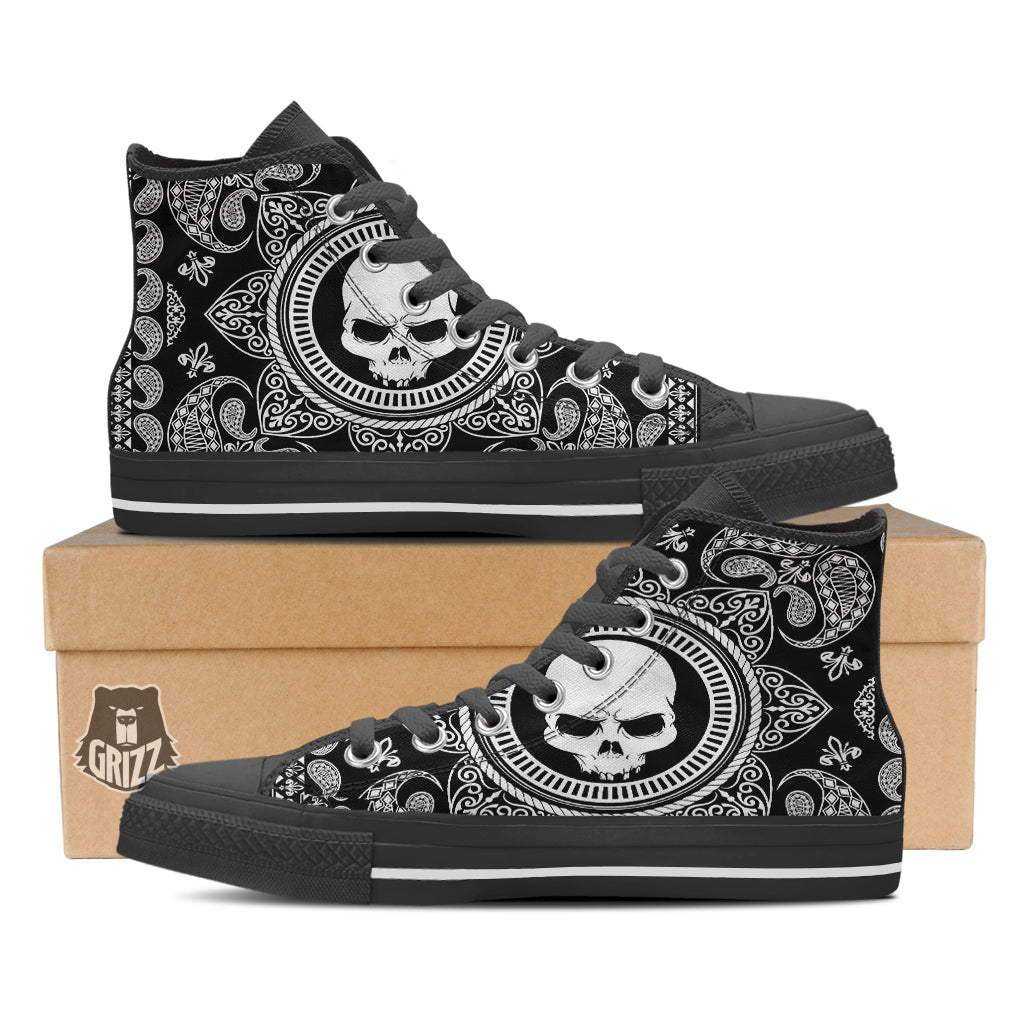 Black Skull Bandana Print Black High Top Shoes-grizzshop