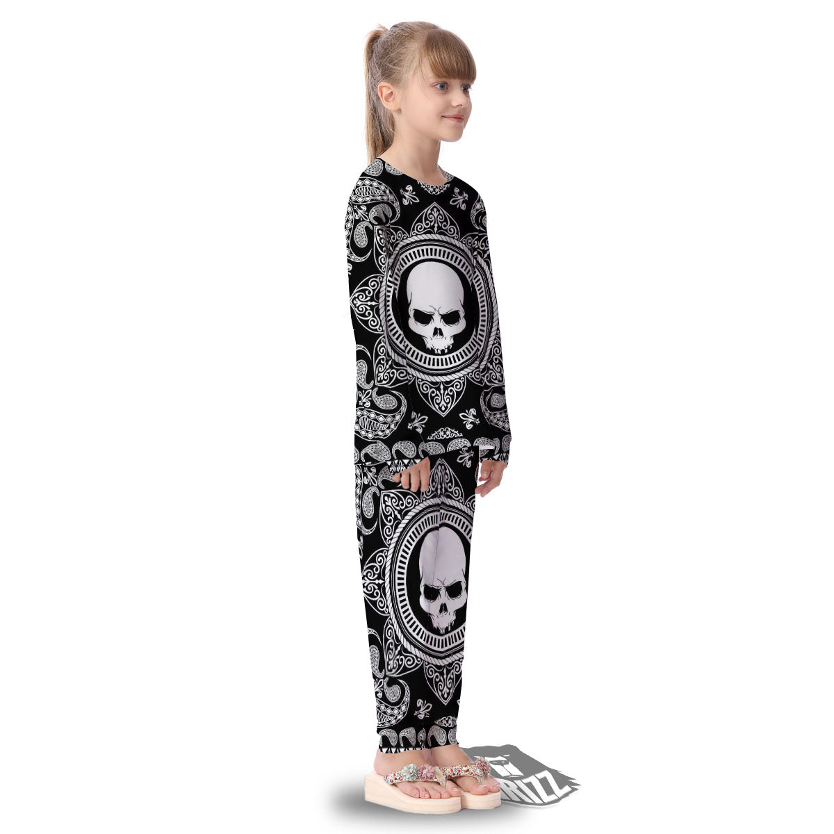 Black Skull Bandana Print Kid's Pajamas-grizzshop