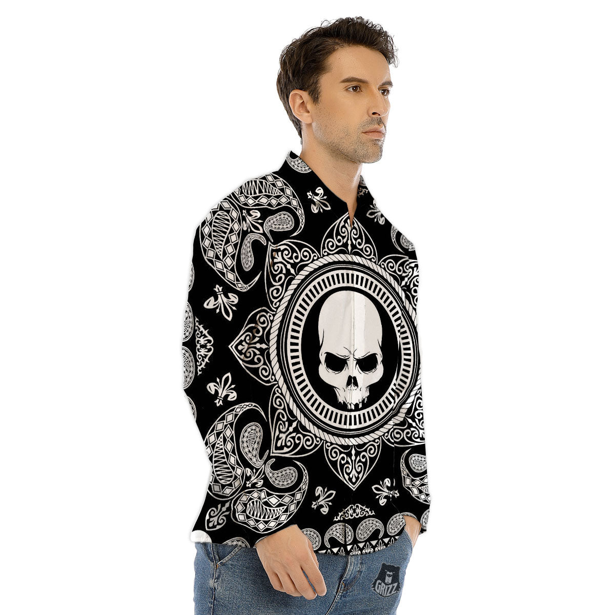 Black Skull Bandana Print Men's Dress Shirts-grizzshop