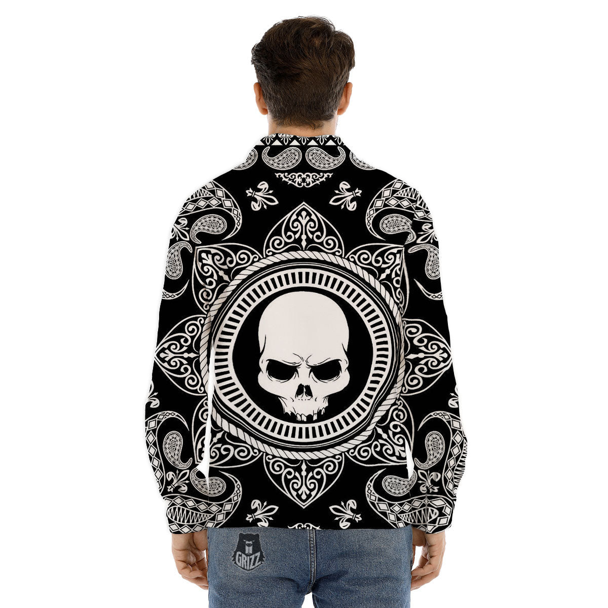 Black Skull Bandana Print Men's Dress Shirts-grizzshop