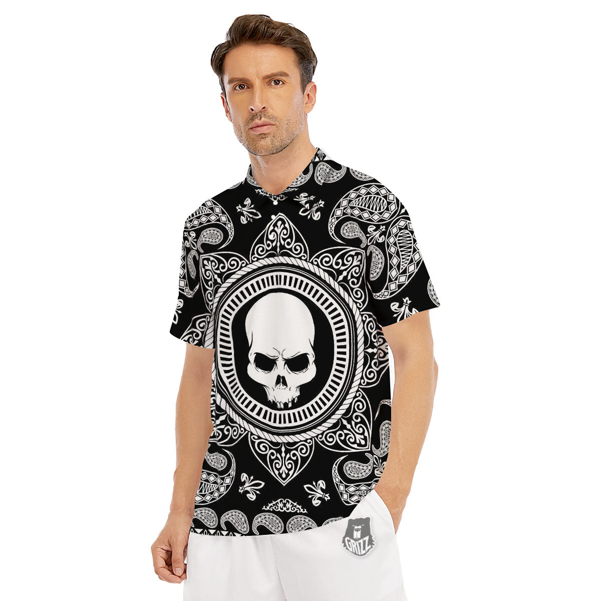 Black Skull Bandana Print Men's Golf Shirts-grizzshop