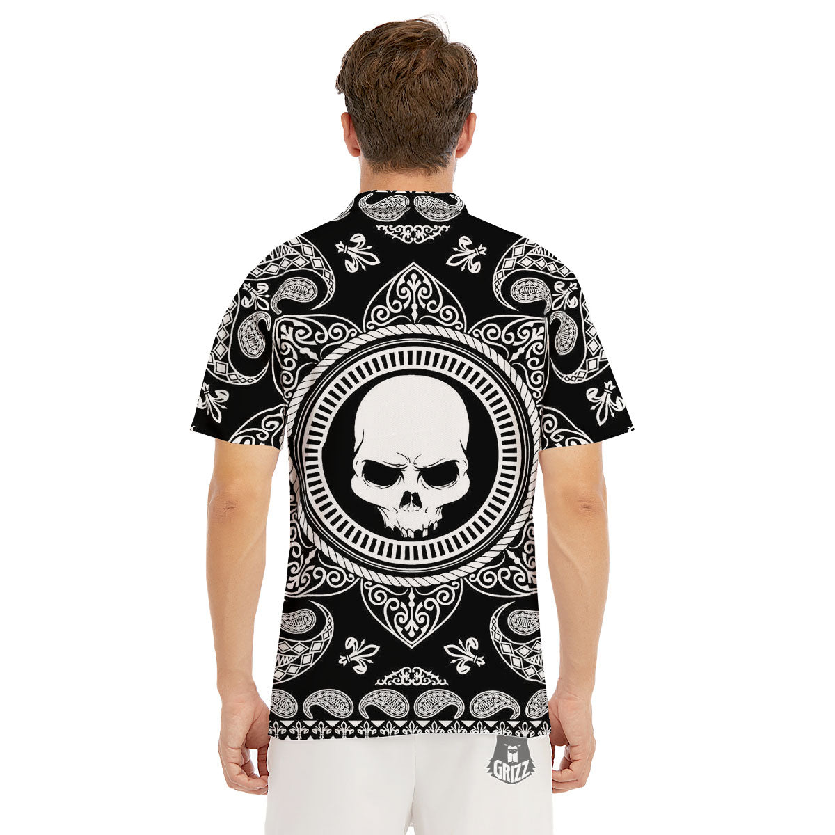Black Skull Bandana Print Men's Golf Shirts-grizzshop