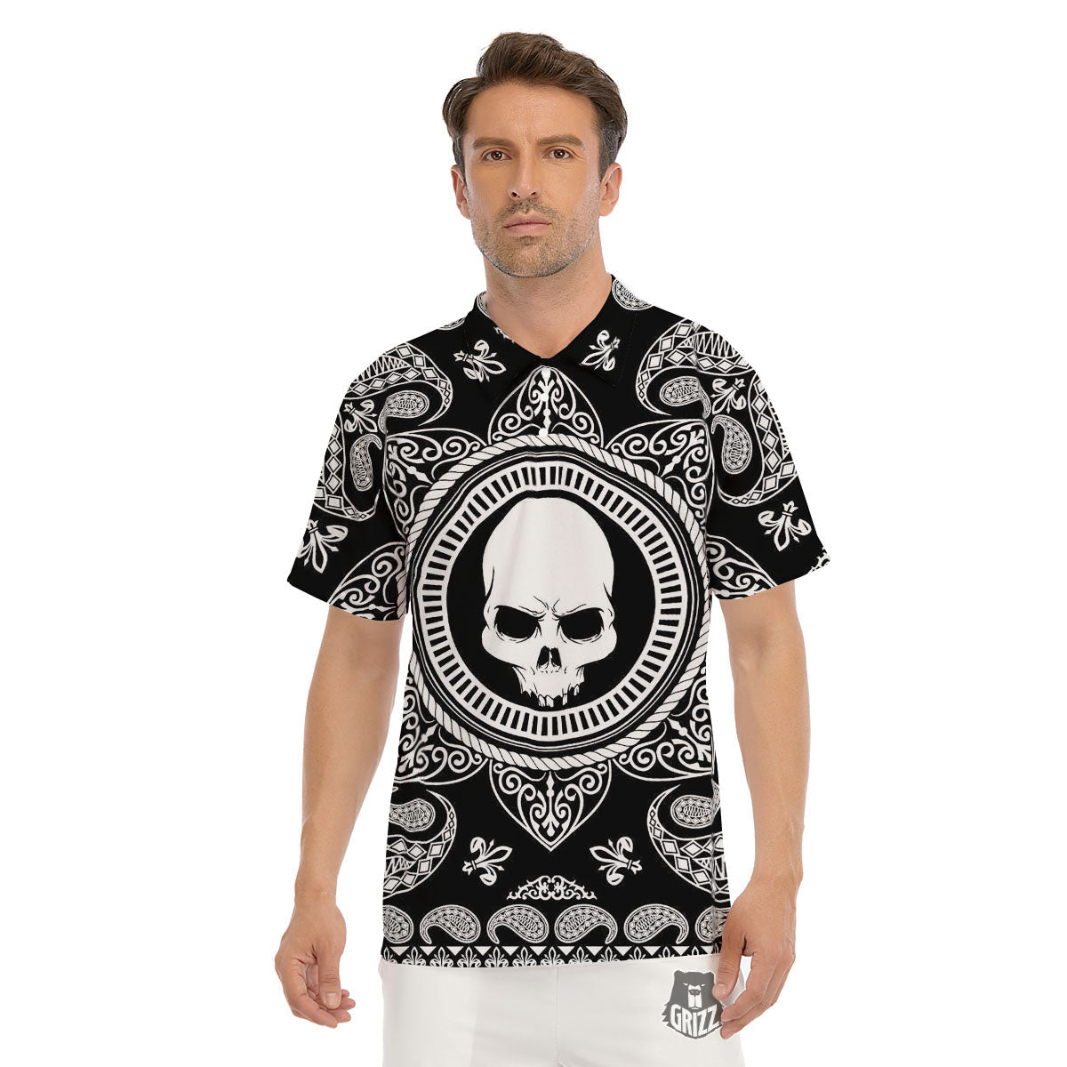Black Skull Bandana Print Men's Golf Shirts-grizzshop