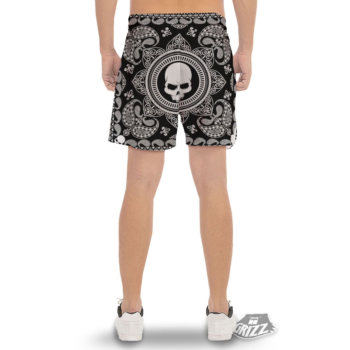 Black Skull Bandana Print Men's Gym Shorts-grizzshop