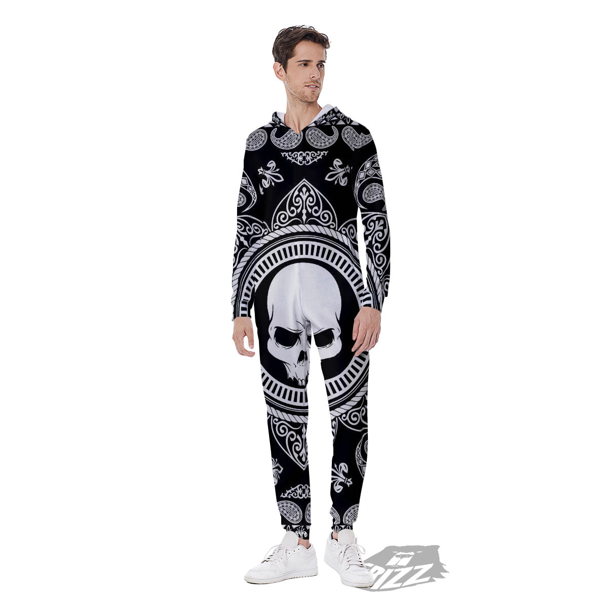 Black Skull Bandana Print Men's Jumpsuit-grizzshop