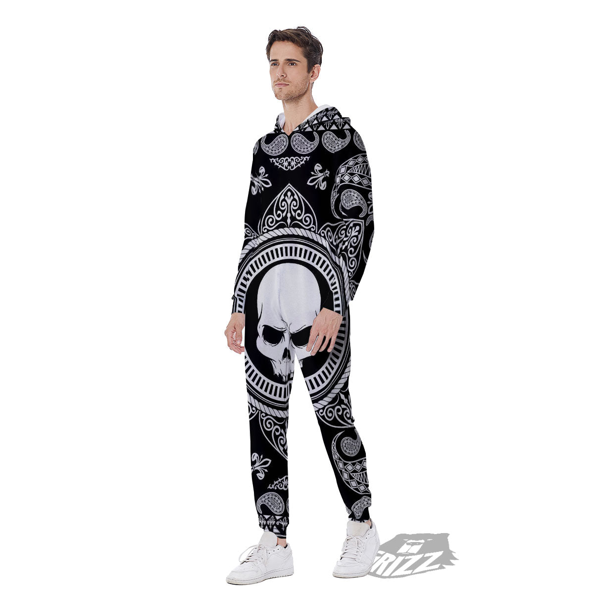 Black Skull Bandana Print Men's Jumpsuit-grizzshop