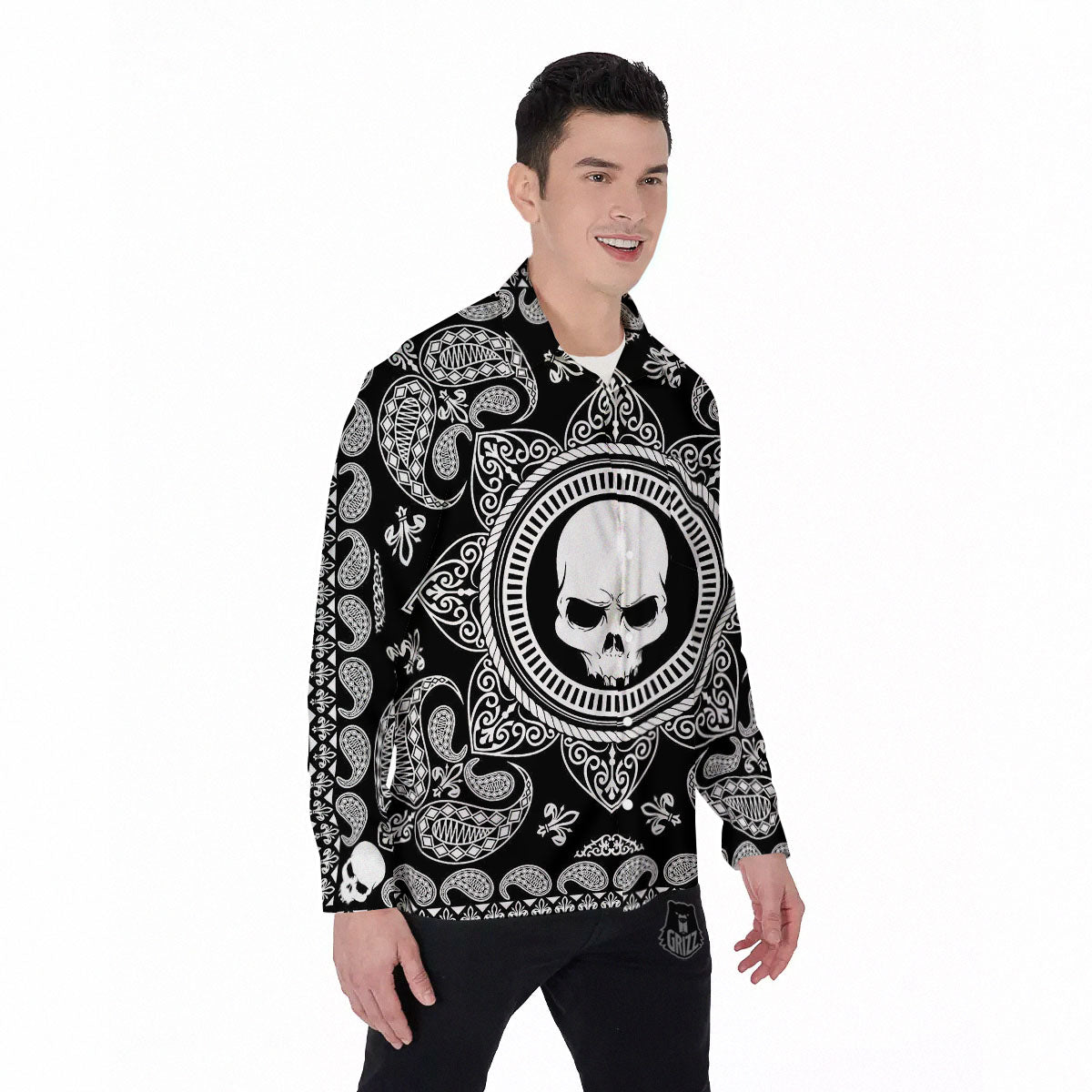 Black Skull Bandana Print Men's Long Sleeve Shirts-grizzshop