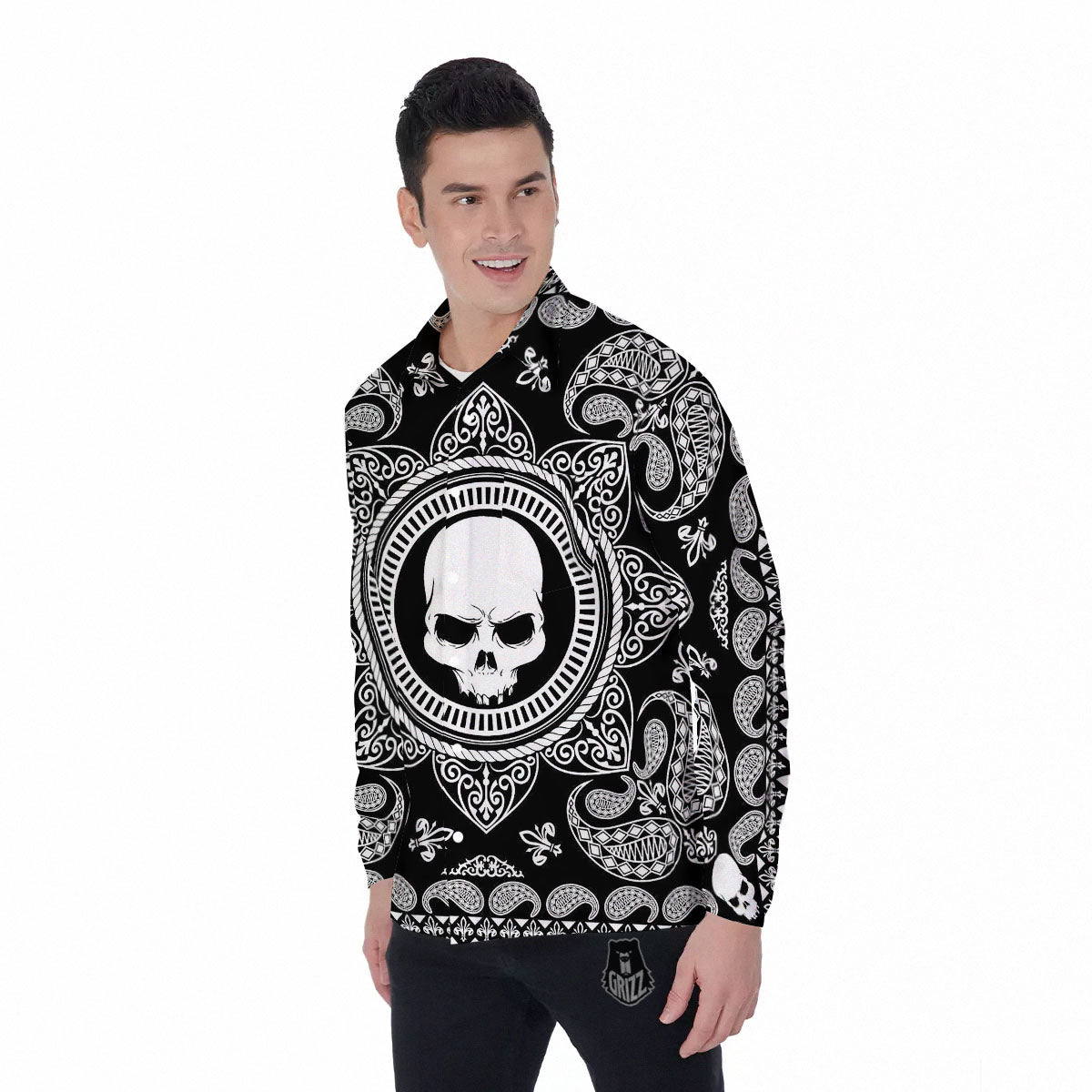 Black Skull Bandana Print Men's Long Sleeve Shirts-grizzshop