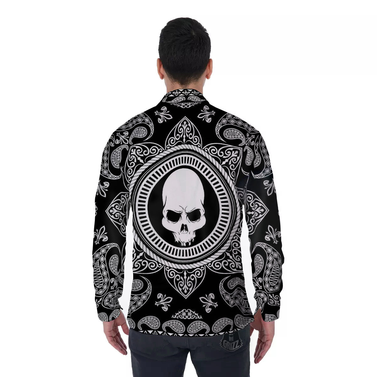 Black Skull Bandana Print Men's Long Sleeve Shirts-grizzshop