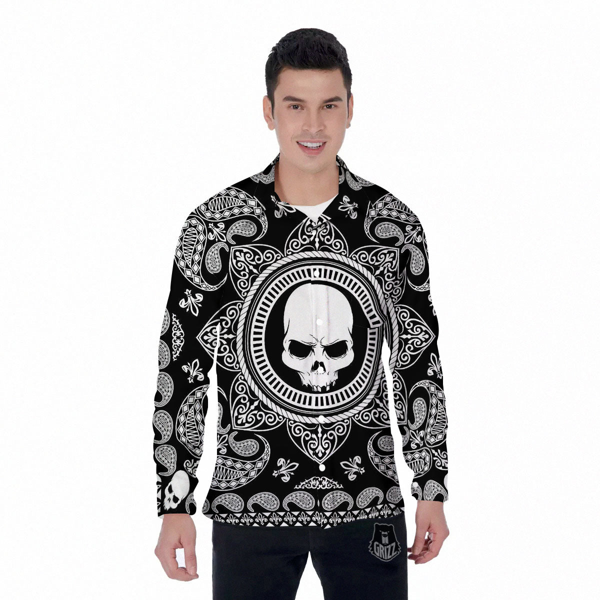 Black Skull Bandana Print Men's Long Sleeve Shirts-grizzshop
